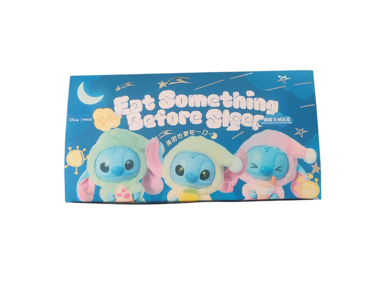 Labubu Stitch Disney collectible figure set themed around bedtime snacks with cute designs.