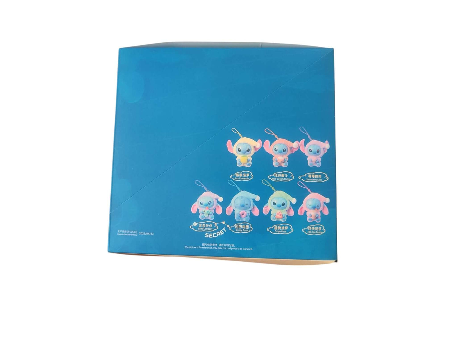 Back of the Labubu Stitch collectible box showcasing various character designs and names.