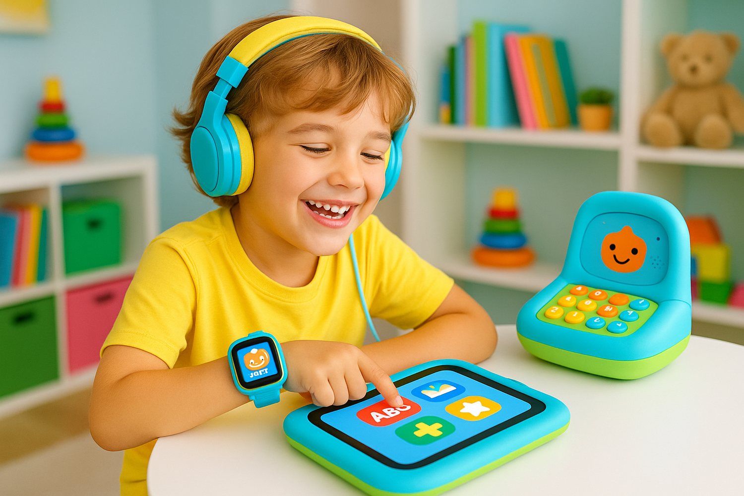 Imagem alegre de criança com tecnologia segura